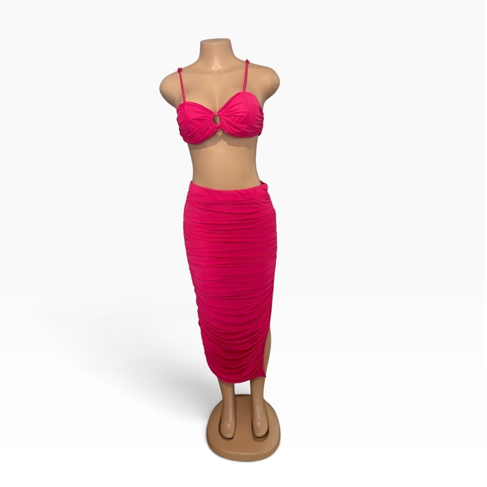 💜$5 BUNDLED- SHEIN Hot Pink Ruched Two Piece Set Midi Skirt & Crop Top Medium